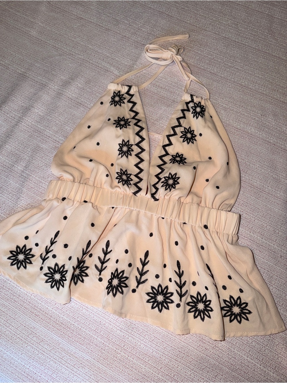 SHEIN Cream Halter Peplum Camisole with Black Embroidery